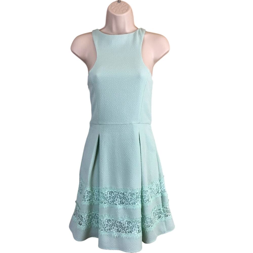 Express Fit & Flare Turquoise Sleeveless Dress Front Zip Pockets Lace Trim - Picture 5 of 16